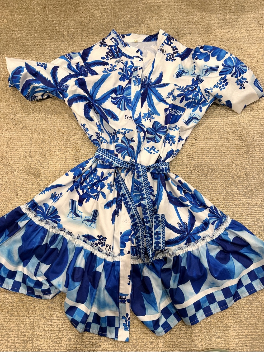 Blue & White Tropical Print Mini Dress